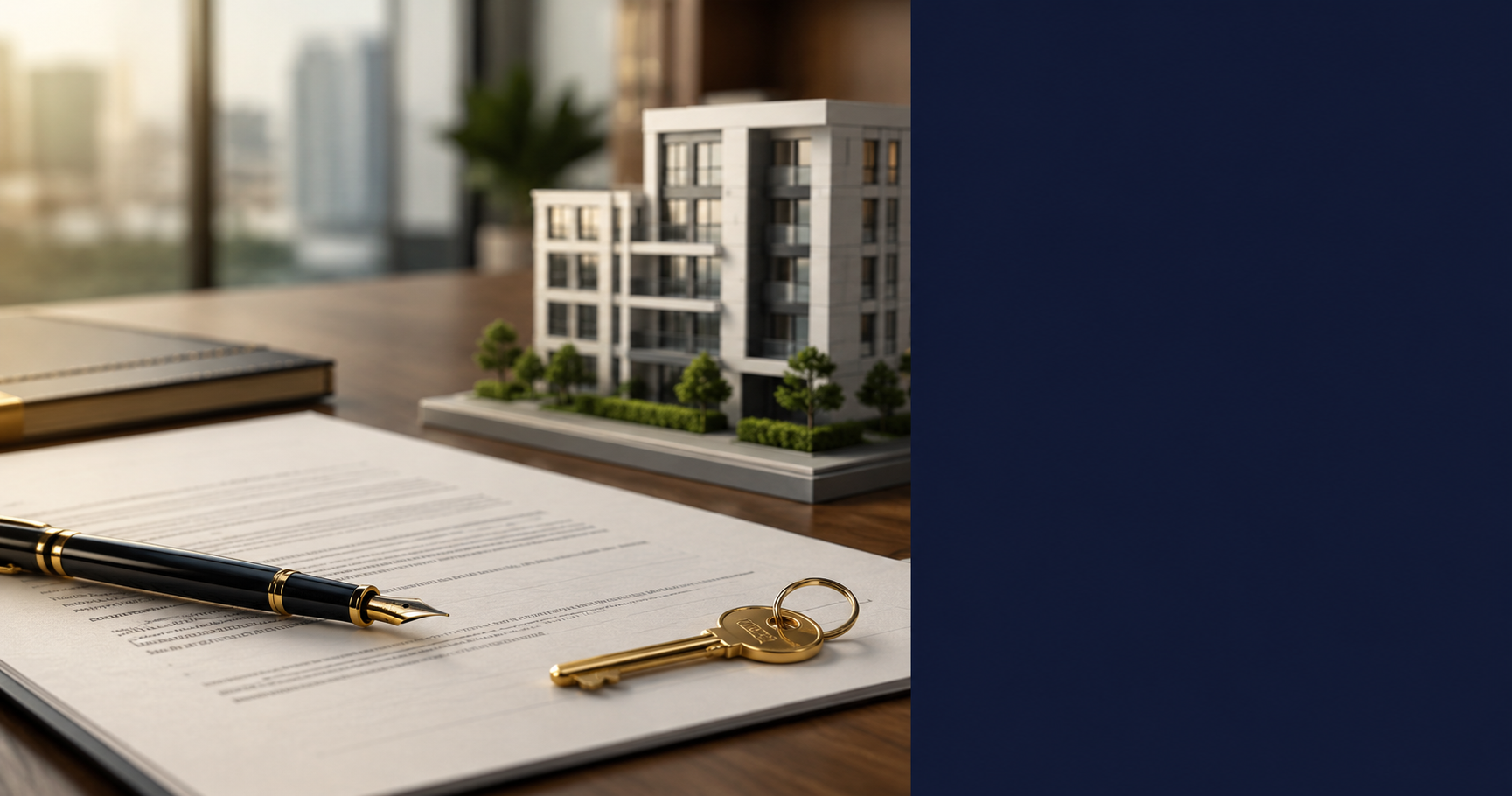 Contrato imobiliário assinado com caneta tinteiro ao lado de chave dourada e maquete de edifício